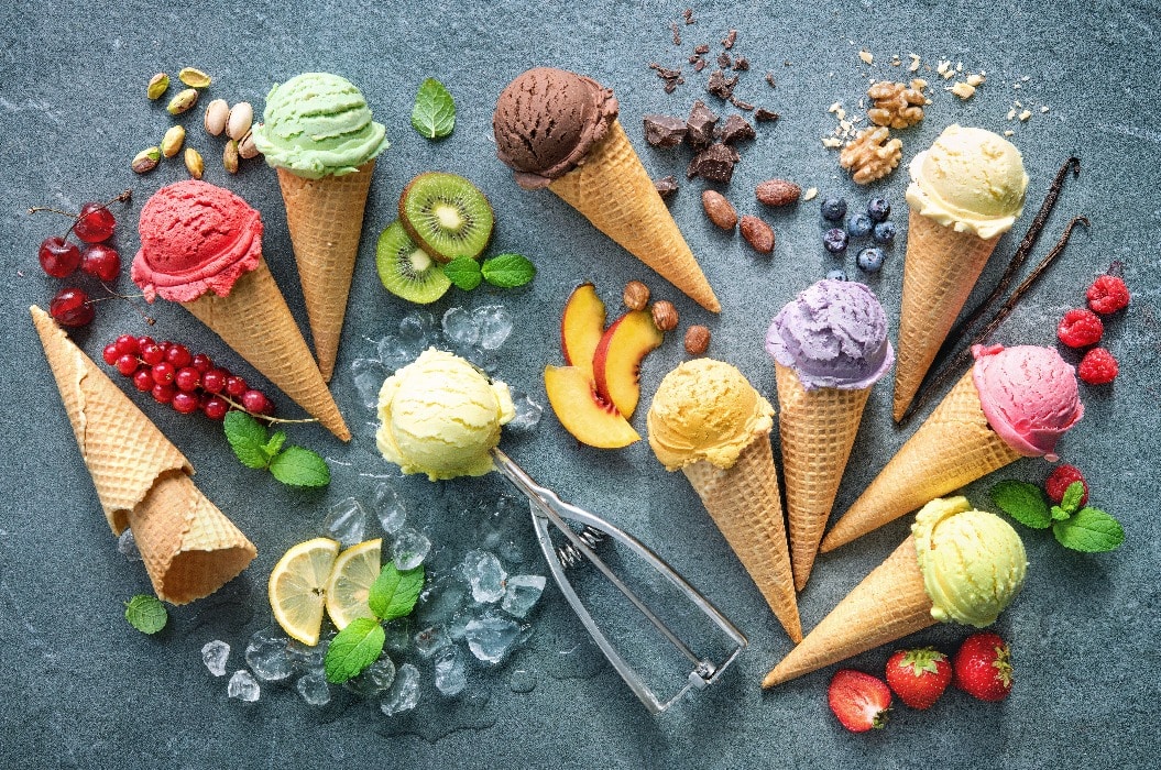 Various varieties of ice cream in cones